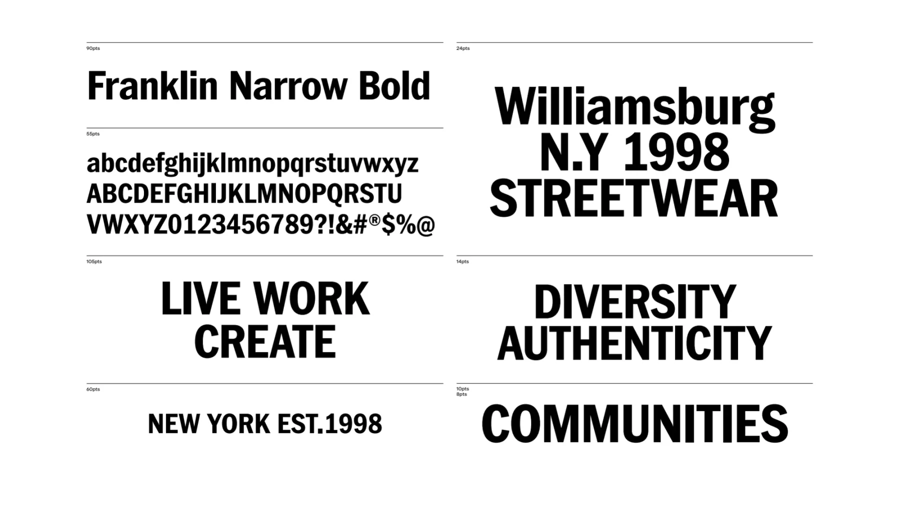 Original Brooklyn Industries identity board with Franklin Narrow Bold typography and LIVE WORK CREATE language