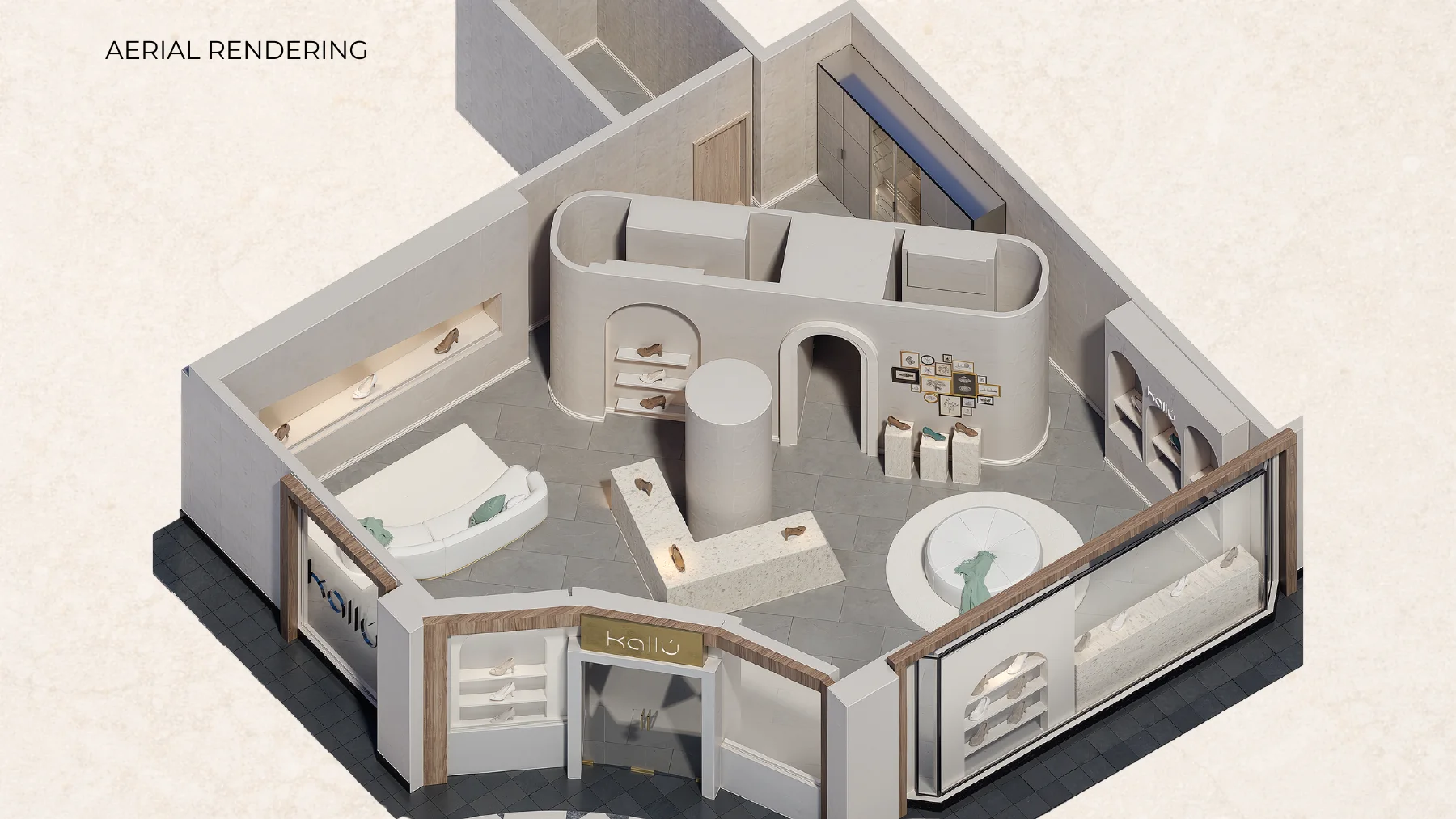 Kallu aerial design concept showing the relationship between product displays, seating and service