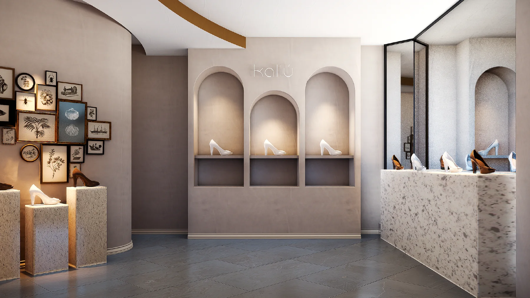 Kallu proposed interior: arched product niches, a curved counter and a warm neutral palette