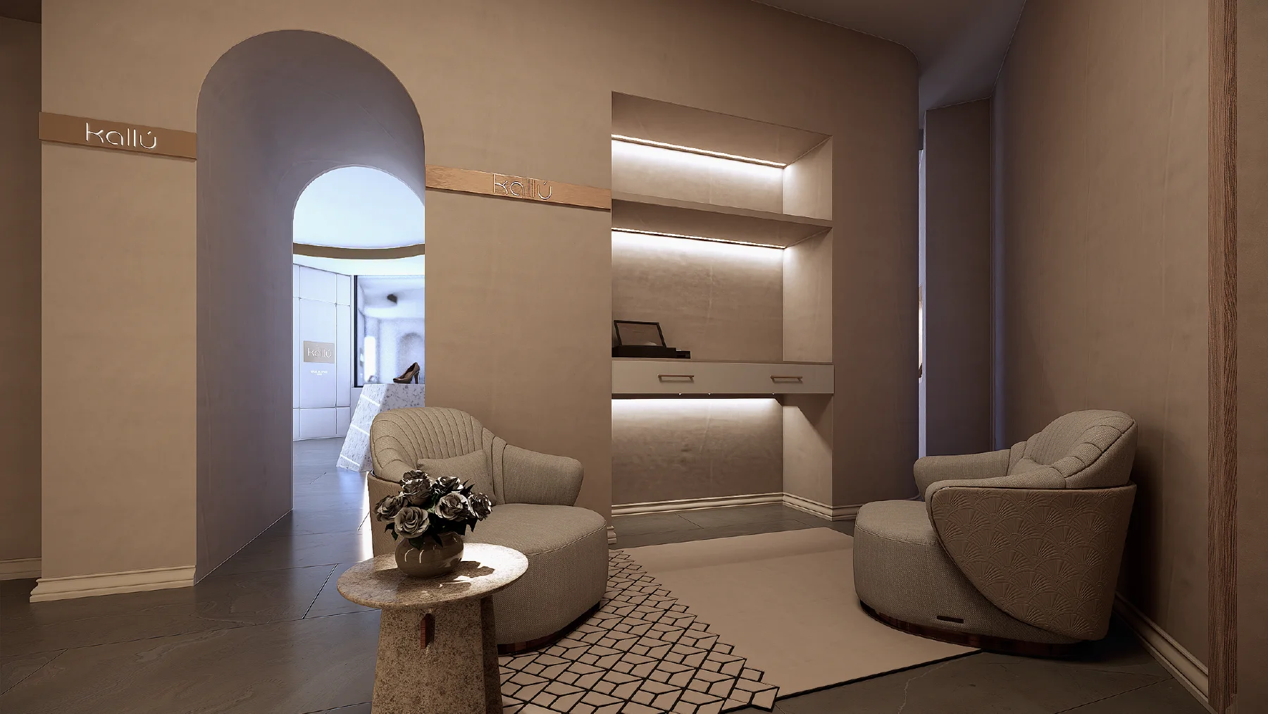 Kallu proposed seating and service area, with curved walls and illuminated footwear displays